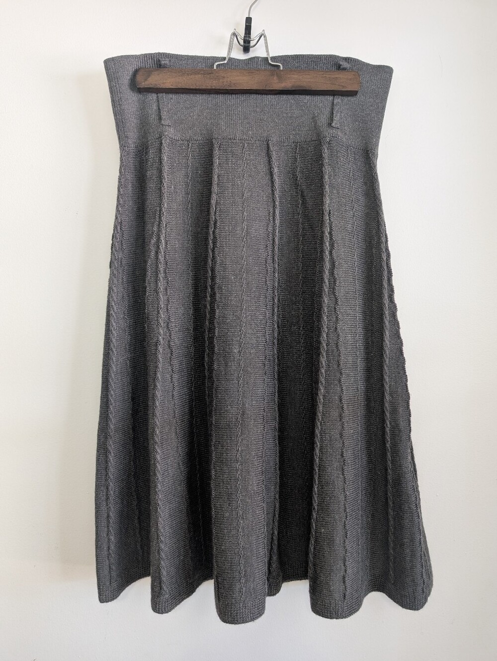 Lapis Lg Wool Skirt A-line Skater Ribbed Braid Knit Belted Midi Grey High Waist